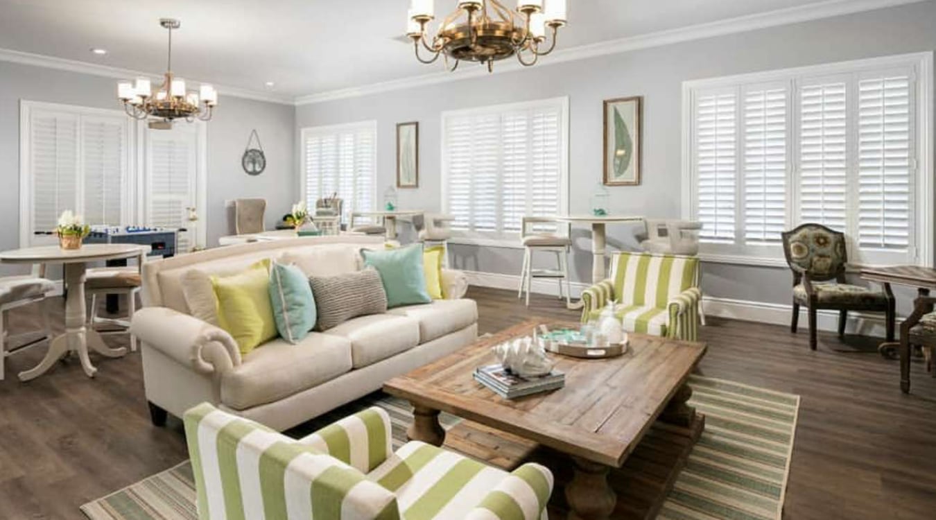 Plantation shutters in a family room